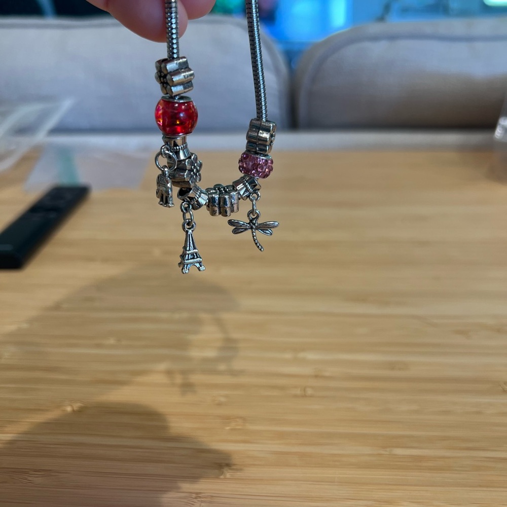 Red & Pink Charm Bracelet – Elephant, Eiffel Tower & Dragonfly